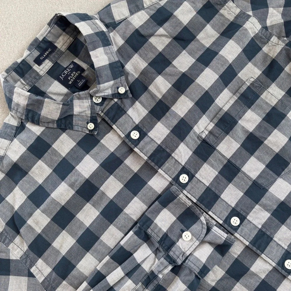 J. Crew Mens Large Flex Washed Classic Fit Navy Grey Gingham Button Down Shirt